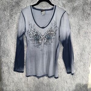 Harley Davidson Womens Long Sleeve Wings Graphic V Neck Shirt Gray Blue Size M